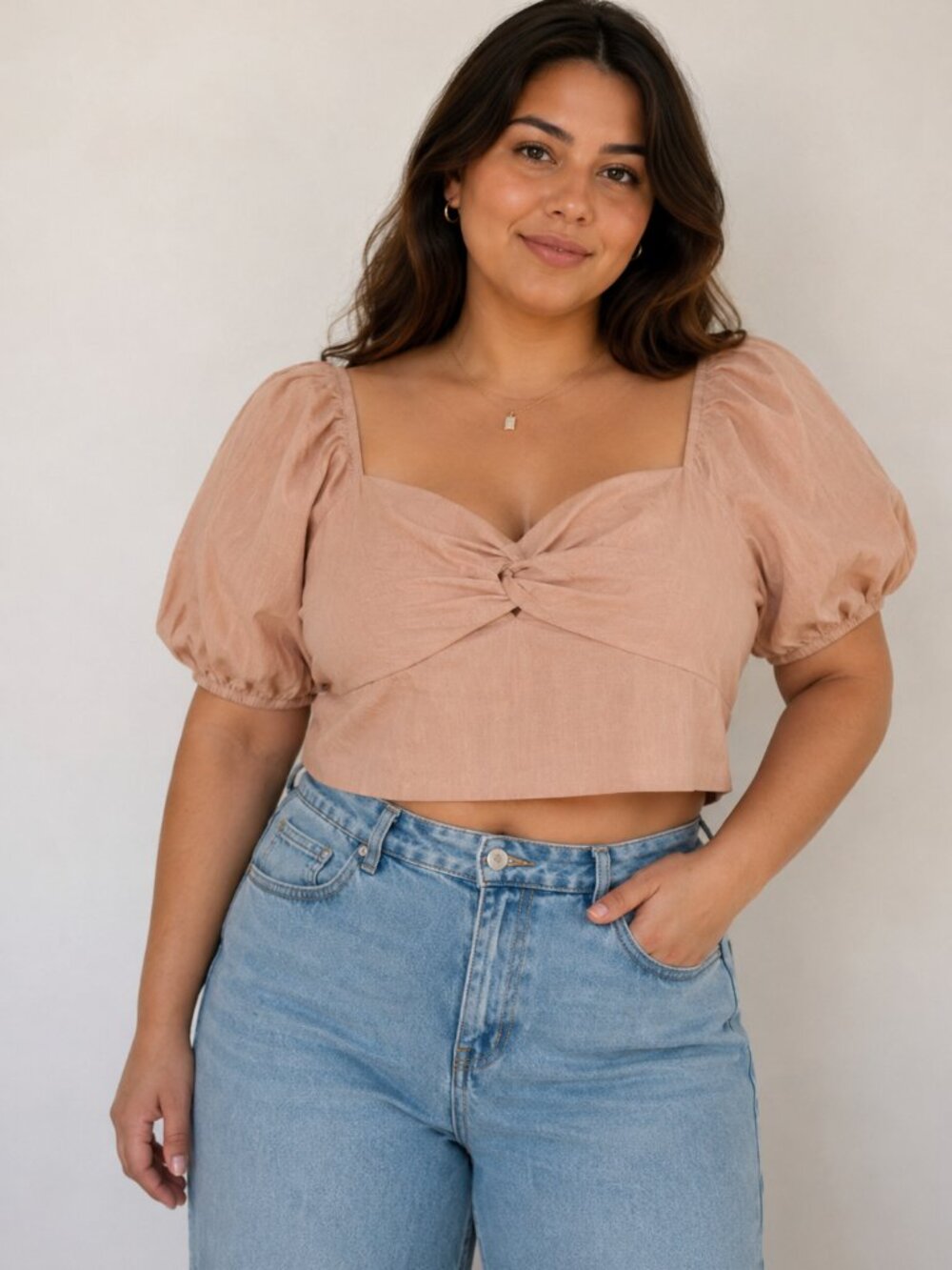 Elodie Twist Front Barbiecore Puff Sleeve Smocked Coquette Crop Top Pink Size L